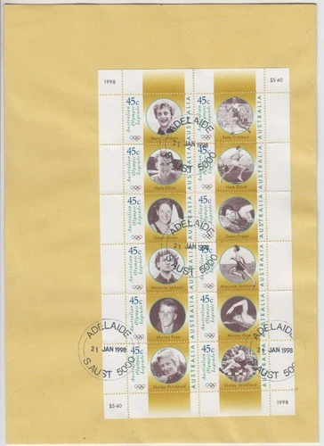 Stamps 1998 Australia Olympic Games Legends sheetlet 12 on FDC Adelaide postmark