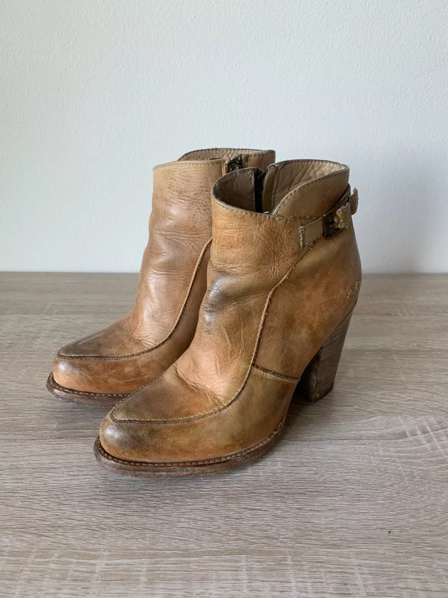 Bed Stu Isla Boots Short Ankle Booties Brown Tan Distressed Leather 6 High Heel