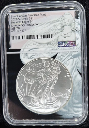 2021-S SILVER EAGLE HERALDIC T-1 EMERGENCY PRODUCTION NGC MS70  LADY LIBERTY POP
