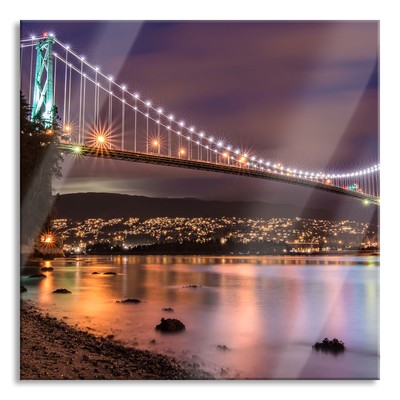 Lions Gate Bridge Vancouver Glasbild Quadratisch aus Echtglas, mit Wandhalterung