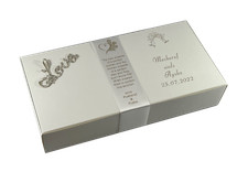 White Personalised Indian Sweet (Mithai) boxes, ribbon & Love emblem 3/4 to 1KG