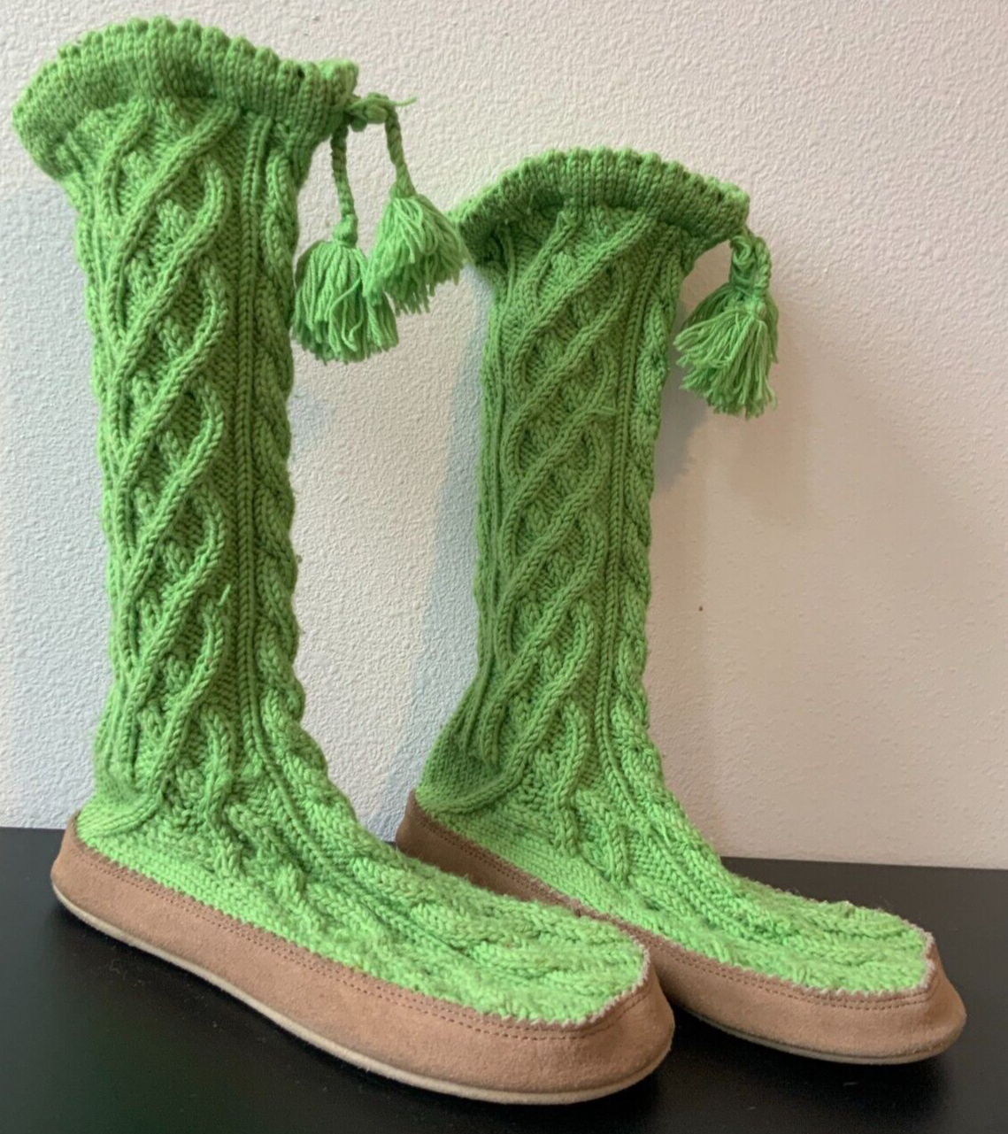 SAOLA J. Pantofole con cravatta verdi CREW a maglia marrone suola pompom taglia M adatte agli Stati Uniti taglia 9 10