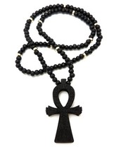 Egypt Key of Life Ankh Pendant 6mm 26" Wooden Bead Hip Hop Necklace WRC6BK
