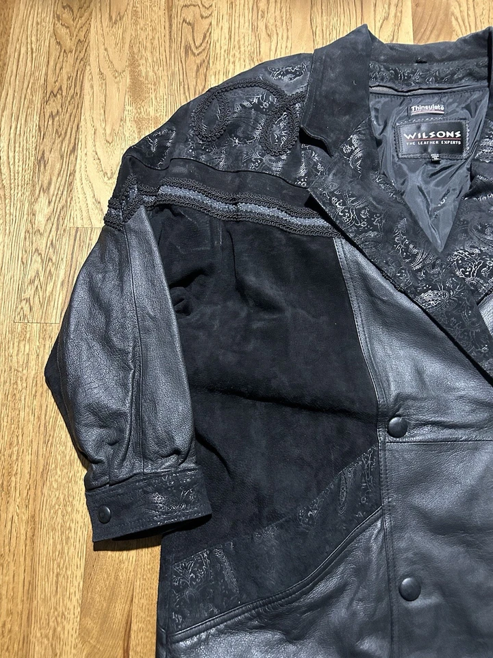 Gabardina de cuero Wilson’s para mujer XL negra cachemira botones pattereados romance Foto 2 de 4