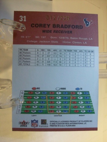 2002 Fleer Tradition Tiffany Football Card #31 Corey Bradford 012/225 (85231) - Picture 2 of 2