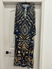 FARM Rio Teal & Mustard Geometric Long Sleeve Maxi Dress size M
