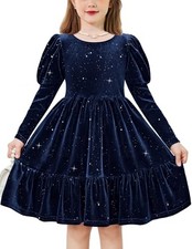 Toddler Velvet Dress Girls Puff Long Sleeves Crew Neck Party 4-5T Sequins Blue
