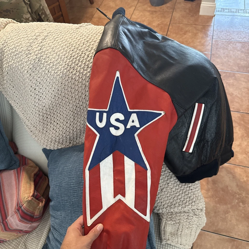 Chaqueta de bombardero de cuero Michael Hoban Wheremi para hombre L bandera de Estados Unidos patriótica estadounidense Foto 3 de 4