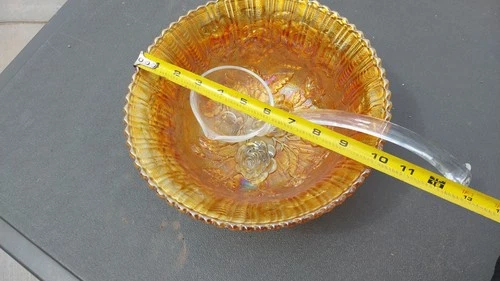 Vintage Imperial Marigold Carnival Glass Open Rose 3 Footed Bowl 10-1/4"