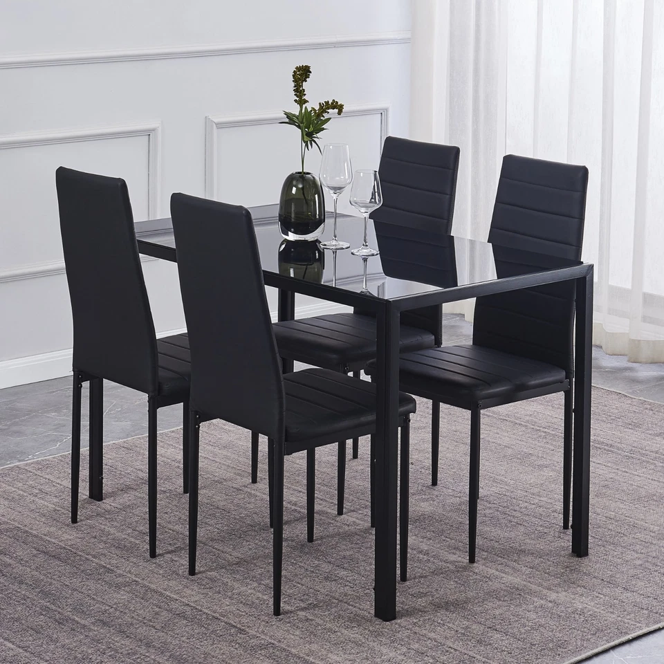 4x Black Faux Leather Dining Chairs&Black Tempered Glass Dining Table Dining Set - Image 2 of 4