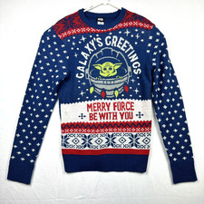 Official Star Wars Adult Xmas Ugly Sweater Blue Size Medium Yoda Merry Force