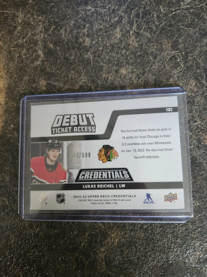 2022-23 Upper Deck Credentials Debut Ticket Access 388/599 Lukas Reichel 182 - Image 2 of 2
