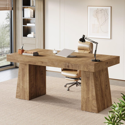 55-Inch Executive Desk, Thick Wood Office Computer Desk with Double Pedestal, Mo