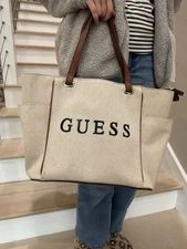 Guess Heavy Duty Thick Canvas Tote Bag Large Tan Pants Purse