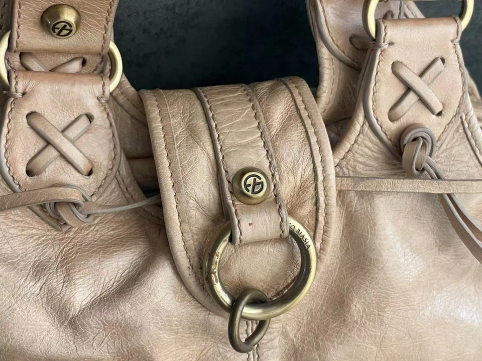 Винтажный Francesco Biasia кожаная сумка с короткими ручками голая бежевый латуни оборудование Италии - Изображение 3 из 4