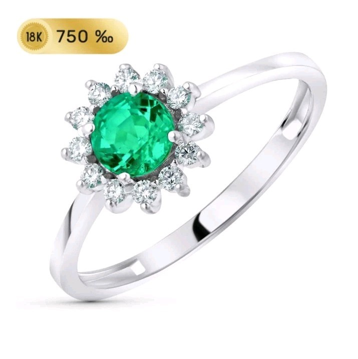 Sortija oro Blanco 18k 750 mls . Esmeralda 5 MM 0,48 Q. 12 Diamantes 0,17 Q.
