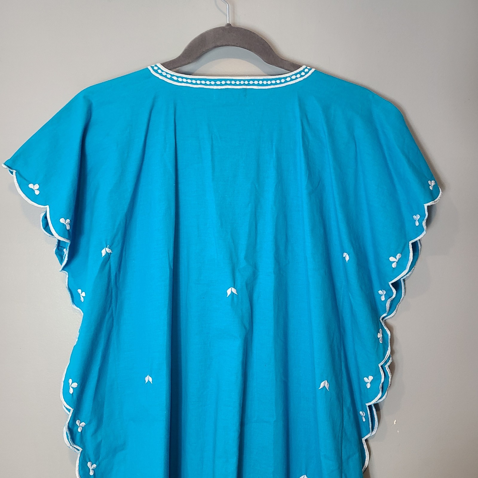 Vtg Kaftan Floral Embroidered Cottage Maxi Dress Sz Small Resort Cover Up Blue