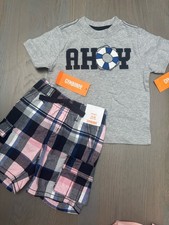 NWT Gymboree boy SUMMER FALL 2-piece boat gray AHOY pink plaid shorts SET 12 18