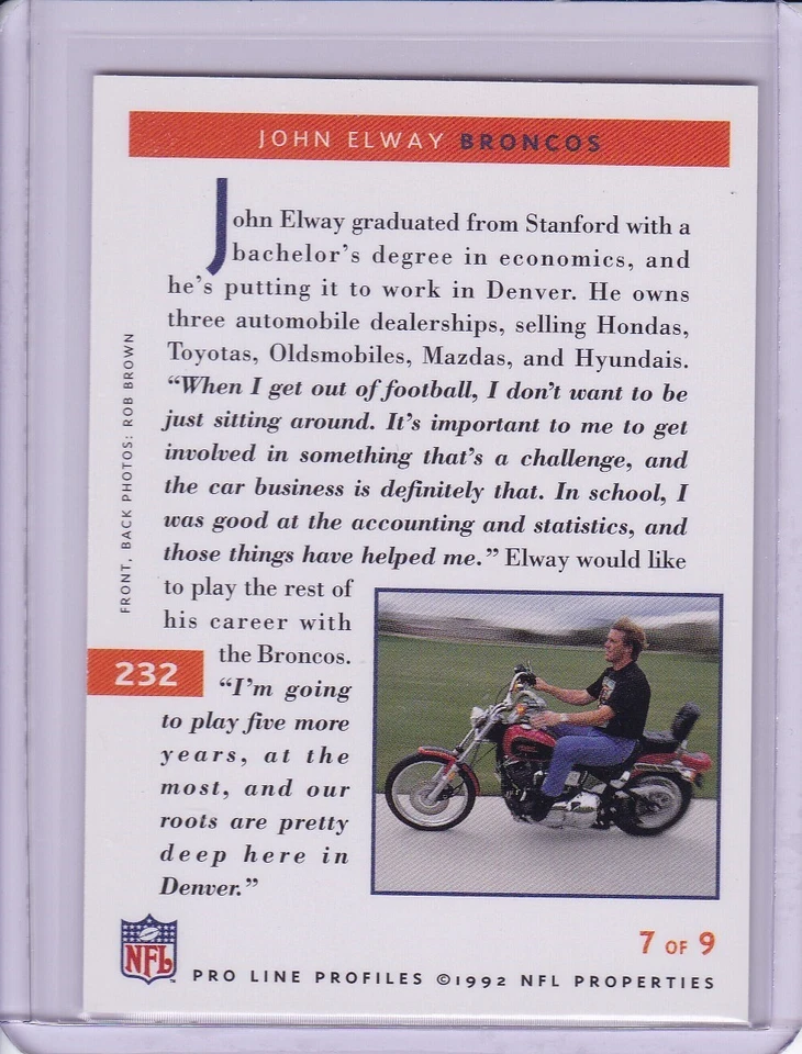 John Elway 1992 Pro Line Profiles Football Card 232 Grade MT - Image 2 of 2