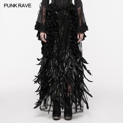 all dressed up in a pretty black label Punk Rave Punk Gorgeous Queen Rose Feather Embellished Gothic Long Skirt top-sellers SIZE:2XL Black Square Neck Tiered