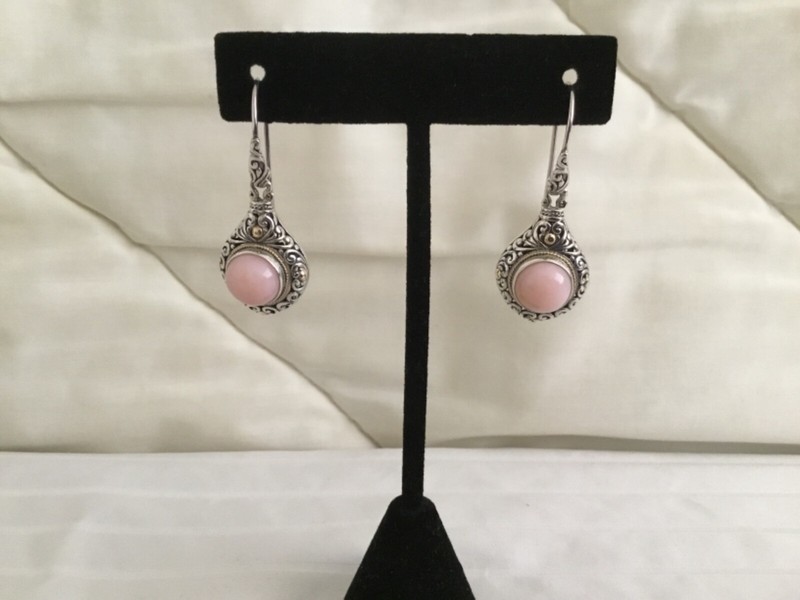 Artisan Crafted Pink Opal Cabochons Sterling Silver and 18K Gold Dangle Earrings