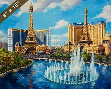 Las Vegas with Bellagio fountains oil painting 8x10 Print