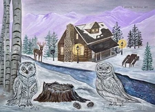 ORIGINAL 7x5 WINTER LANDSCAPE SNOW OWL DEER LOG CABIN PAINTING OOAK ART LYOUNG