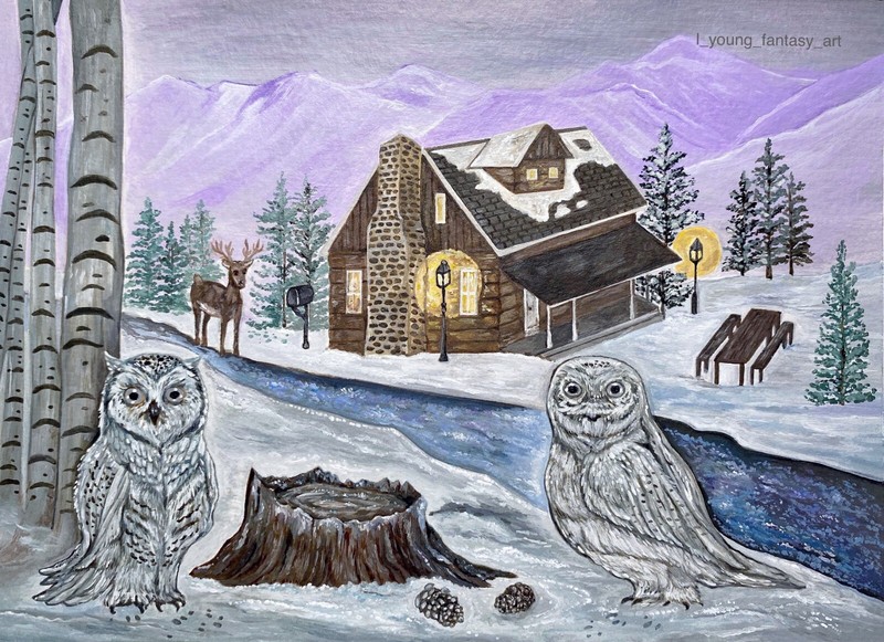 ORIGINAL 7x5 WINTER LANDSCAPE SNOW OWL DEER LOG CABIN PAINTING OOAK ART LYOUNG