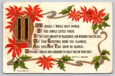 Postcard Merry Christmas and Happy New Year Poinsettia Poem c1913 30N