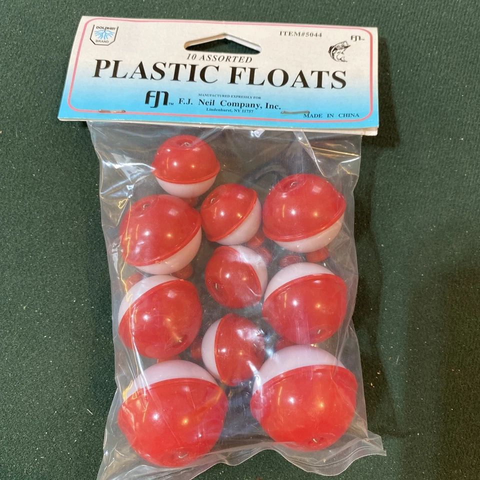 DOLPHIN 10 Assorted Fishing Bobbers Floats Red & White Snap On 1” 1 1/4” 1 1/2” Round