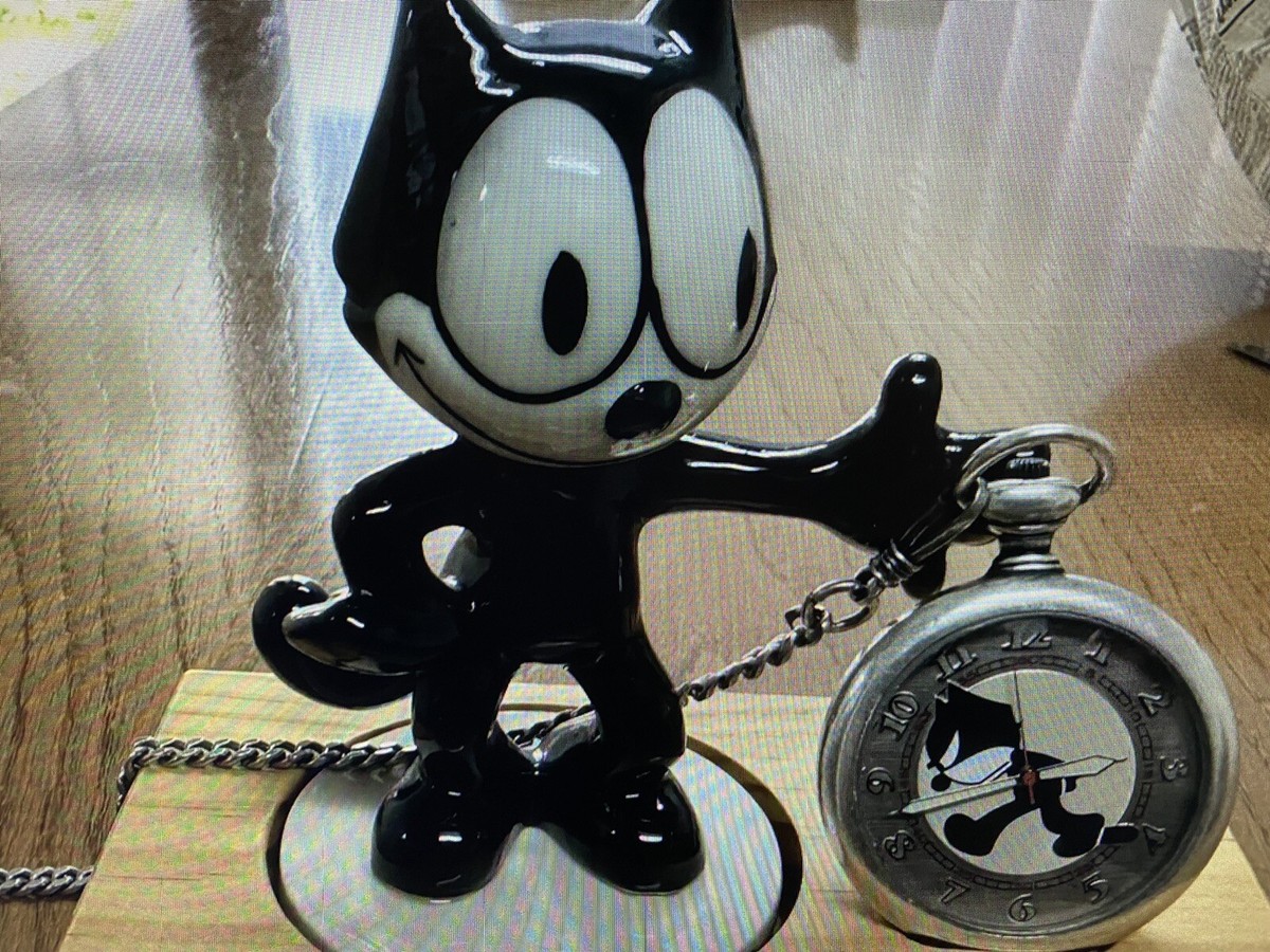 VINTAGE 90's BRAND NEW FELIX THE CAT Pocket Watch FOSSIL & STATUE