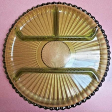 VTG Indiana Glass Round Cadmium Glass 10" Green 4 Compartment Relish Dish