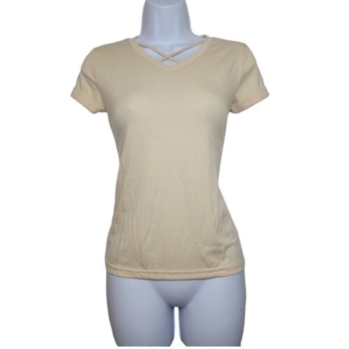Oftalle Girls V-neckline Short Sleeve Criss-cross Beige T-shirt Top Brand New - Afbeelding 1 van 7