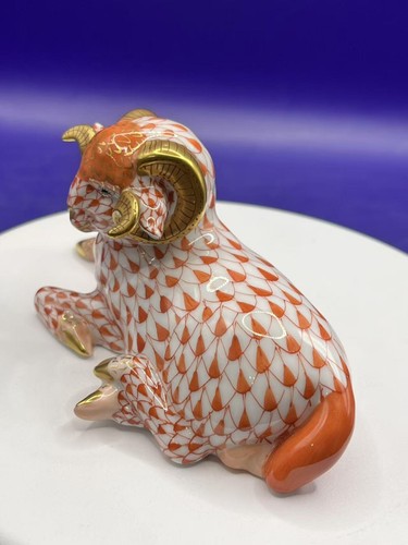 Herend Sheep / Ram Curly Horn Figurine 24K Rust Orange Fishnet Design 15379 - Picture 5 of 24