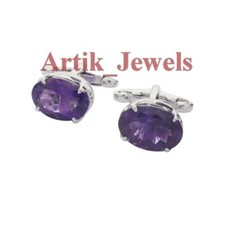 Natürlich Amethyst Edelstein Mit 14K Weiß Vergoldet Silber Manschettenknopf #691