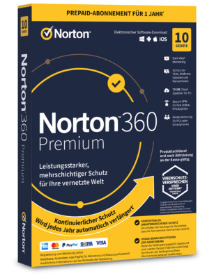 Norton 360 Premium 10Geräte 1Jahr PC/Mac/Android/iOS 2025 Internet Security KEY
