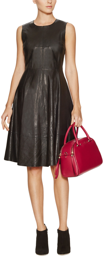 black dress with leather top Women's Something to Behold Black Faux Leather Short Sleeve Belted Midi Dress | Size: S main image 0