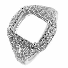 Filigree Sterling Silver Semi Mount Ring Setting Emerald OCT 11x9mm Vintage Repr