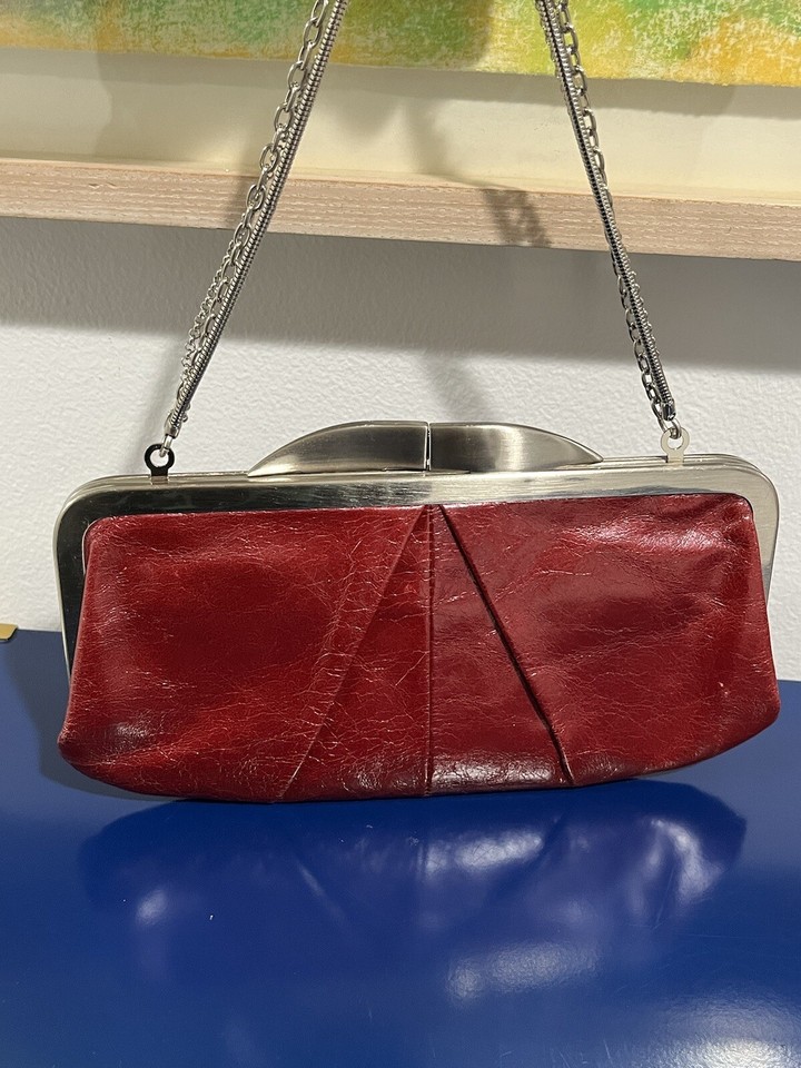 Hobo Burgundy Red Leather Wallet Clutch Purse Bag Handbag Silver Chain