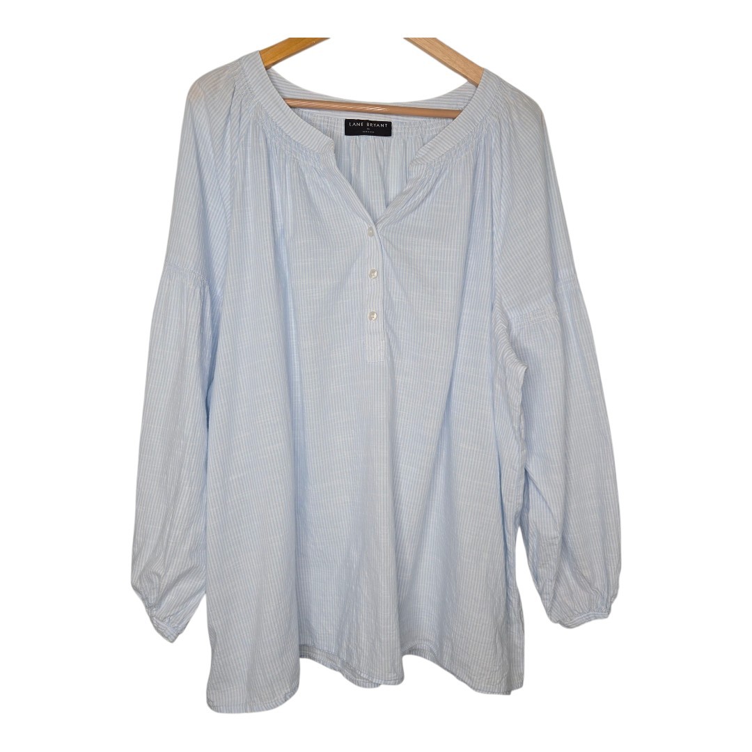 Lane Bryant Womens Light Blue Classic Striped Seersucker Popover Blouse 24