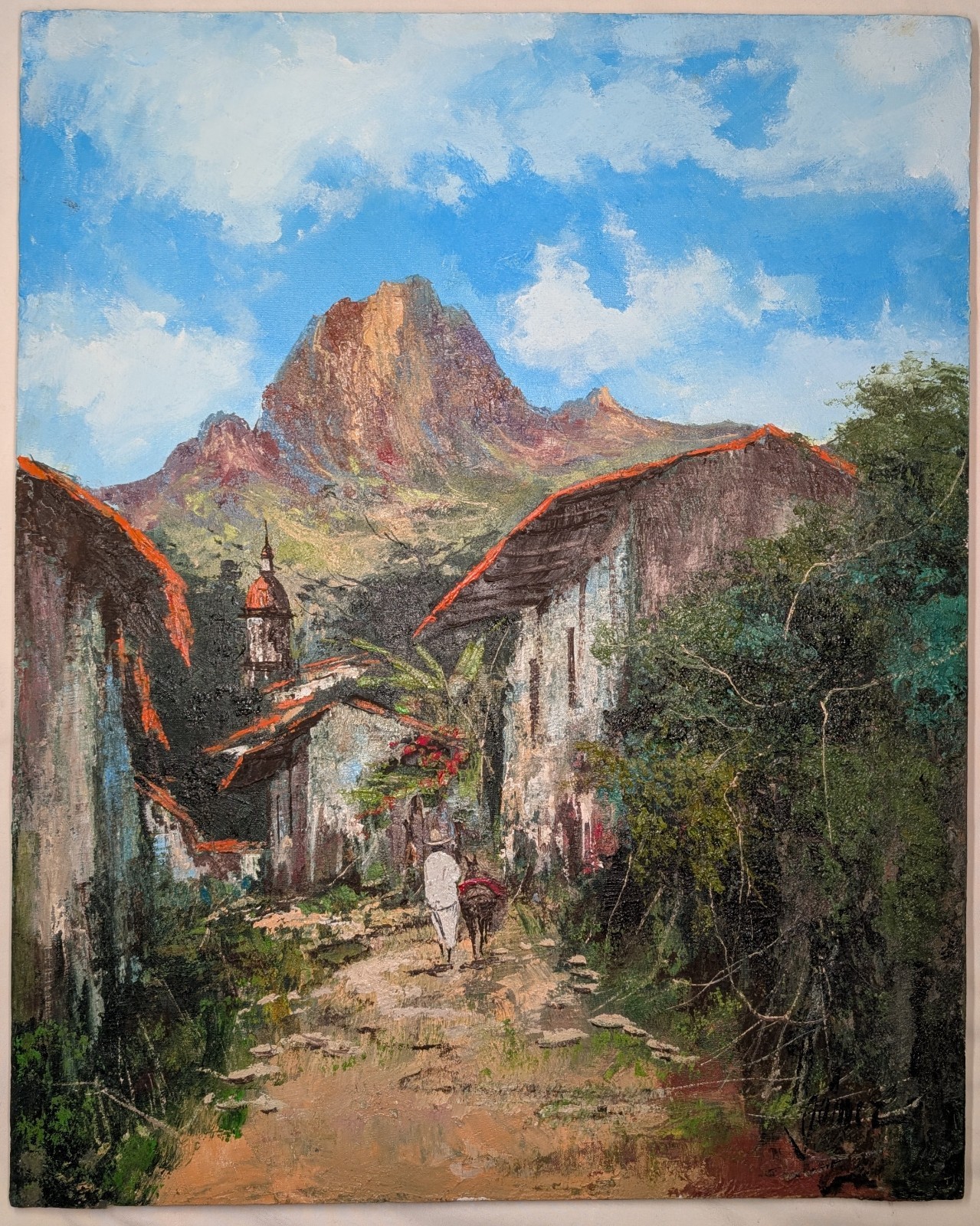 Vintage Mexican Impressionist Painting by Gómez, Colorful Village with Mountain