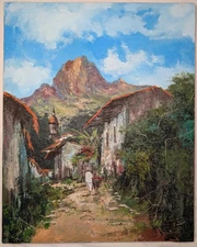 Vintage Mexican Impressionist Painting by Gómez, Colorful Village with Mountain