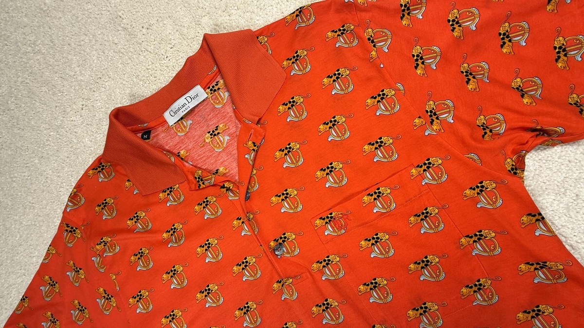 Christian Dior Polo Shirt Mens M Orange Leopard CD Logo Print