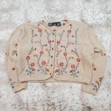Vtg LIZ WEAR Cardigan Beige Sweater Floral Buttons L Grannycore Cottagecore