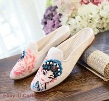 Chinese Embroidered Slippers Women Size 4.5-9 Traditional Slip-On Flats Cotton