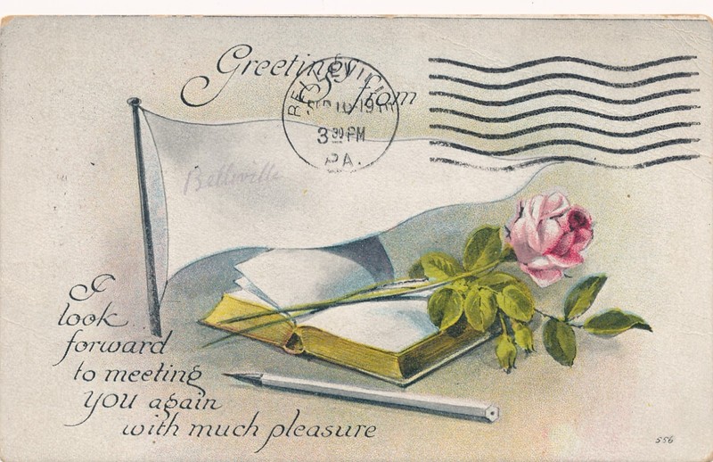 GREETINGS FROM BELLEVILLE. PA. PENNANT PC. BOOK, ROSE, PENCIL. BELLEVILLE CANCEL