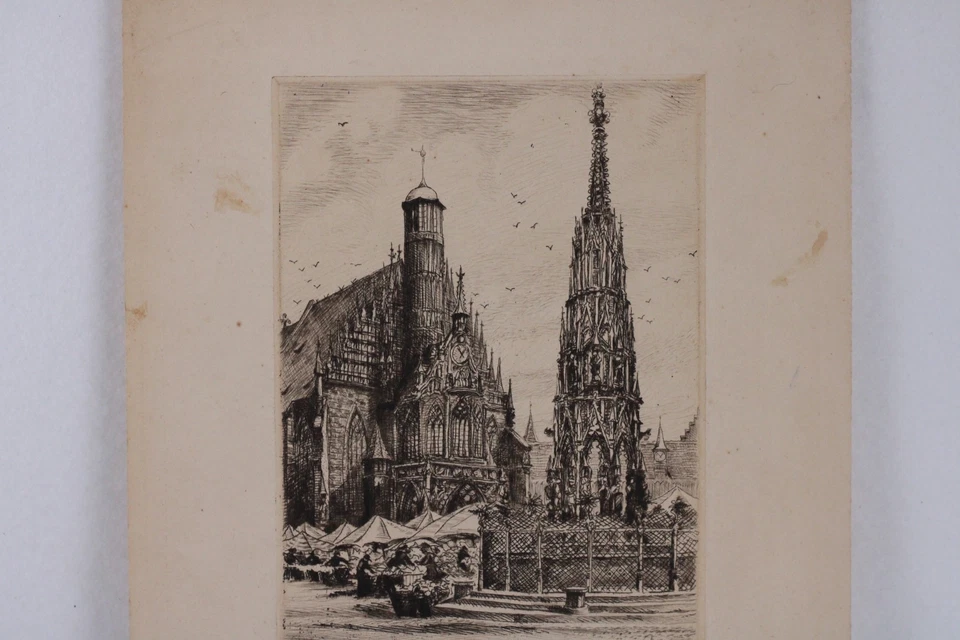 "Nuremberg's Hauptmarkt" grabado original grabado firmado Scheirer Foto 4 de 4
