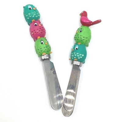 Set of 2 Cute Owl Cheese Spreaders Butter Knives Stainless Handles Colorful Bird