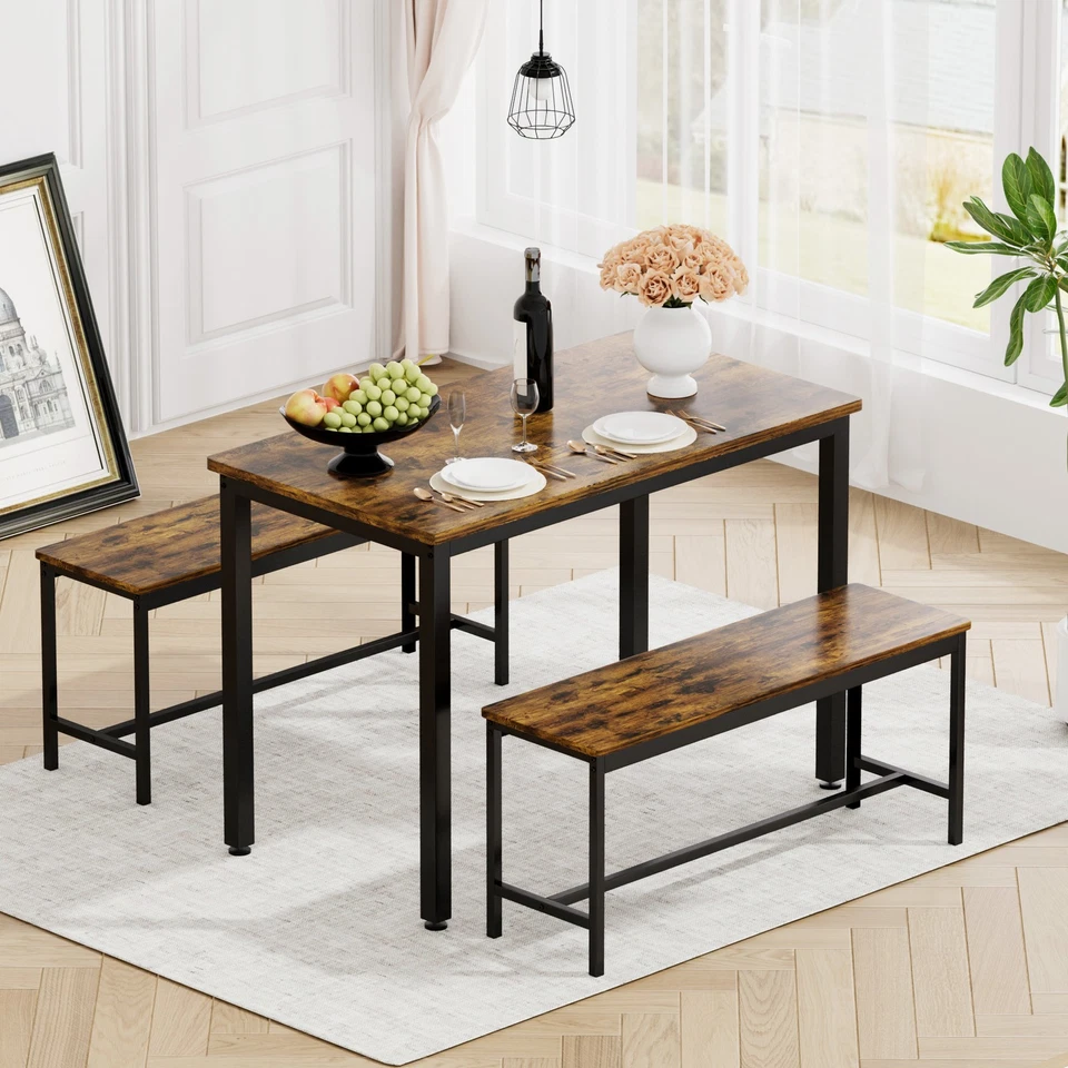 3-Piece Dining Table Set for 4 Rustic Pub Dining Table 2 Benches For Breakfast - Image 2 of 4