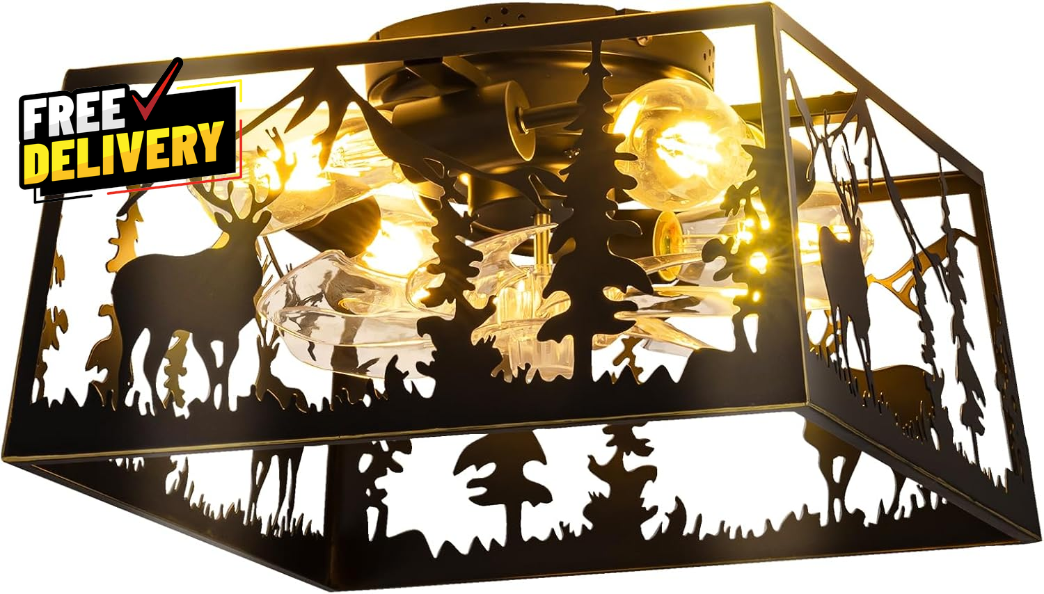 Farmhouse Caged Ceiling Fan with Lights Remote Black Rustic Square Fandelier